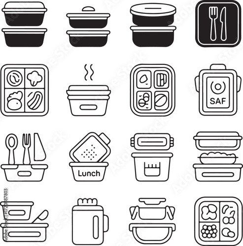 Set of twenty four line art meal prep containers with transparent background food storage lunch box