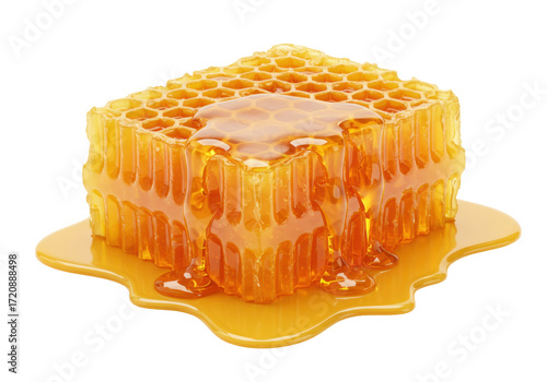 Isolated square honeycomb with honey dripping, full of golden goodness and natural energy