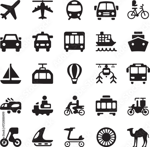 Collection of diverse transportation icons representing various modes of travel