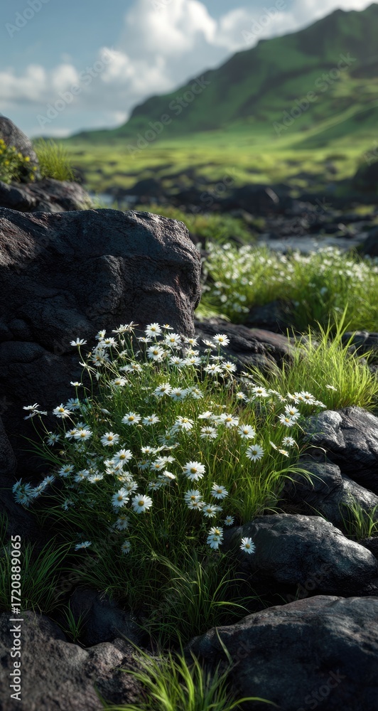 Fototapeta premium Wildflowers bloom amid dark rocks, lush green grass, and a misty mountain backdrop