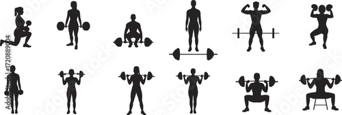 Silhouettes of women lifting weights, performing squats, lunges, barbell exercises, fitness training, strength building, gym workout, healthy lifestyle, exercise poses