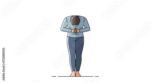 Cartoon illustration of a person bowing with hands clasped embodying respect and gratitude isolated on a clean background for various purposes