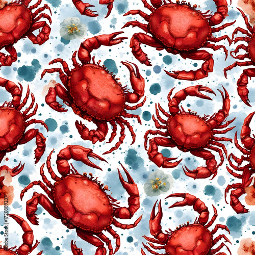 Vibrant watercolor pattern featuring bright red crabs scattered across a light blue speckled background