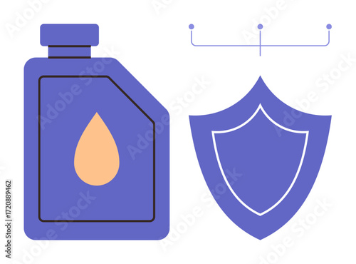 Oil container with drop icon and shield symbol. Ideal for machinery care, protection, maintenance, lubrication, automotive, reliability, and environmental awareness. Simple flat metaphor