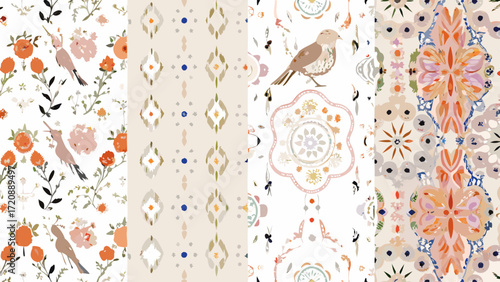 Delicate watercolor patterns showcase floral arrangements and birds, perfect for creating elegant textiles or adding a touch of nature to design projects