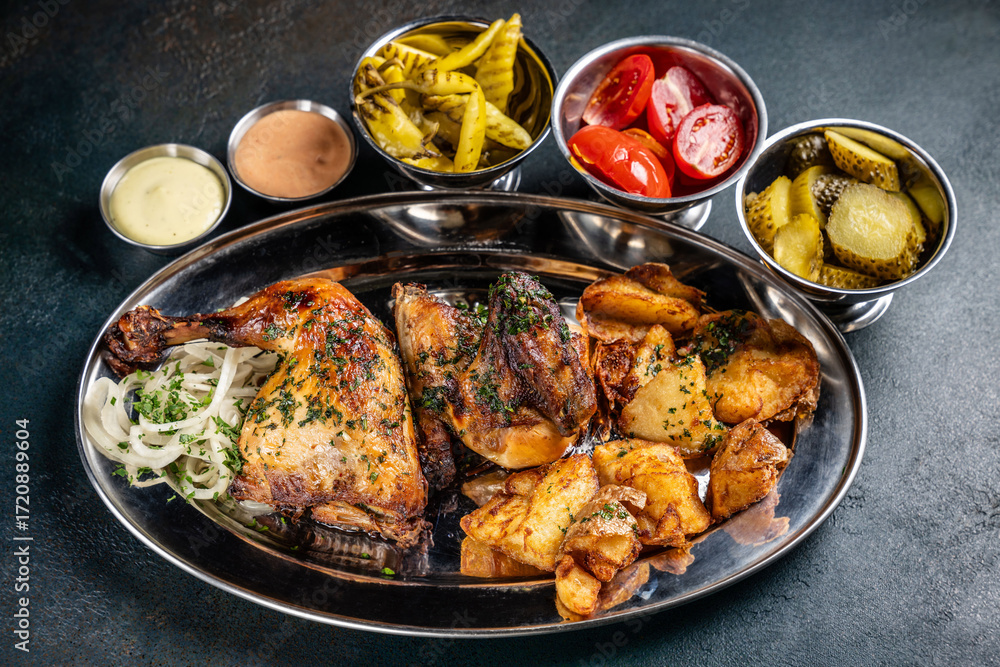 Fototapeta premium Grilled chicken and potato wedges with assorted pickles on a platter.