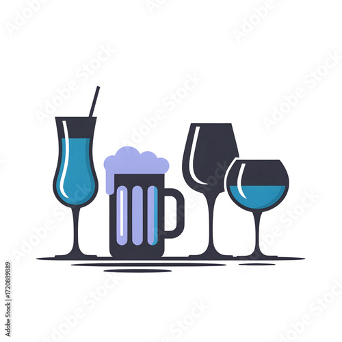Collection of stylized alcoholic and non alcoholic beverages in various glasses isolated on transparent background