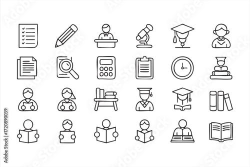 Vector illustration of students, graduation, and classroom line symbol set