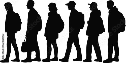 Silhouettes of young people walking in a line, carrying backpacks and bags, casual style, urban lifestyle, social connection, friendship, modern youth culture