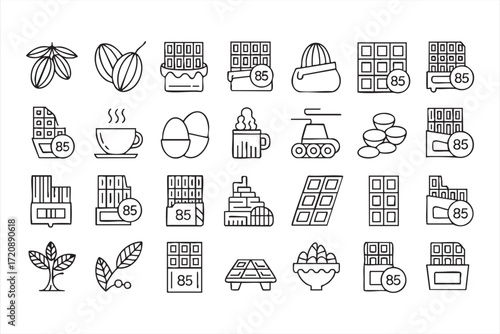 Chocolate and cocoa outline icons for confectionery and sweet dessert design