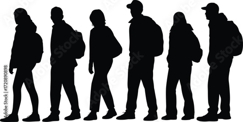Silhouettes of young people walking with backpacks, casual clothing, group activity, urban lifestyle, diversity, friendship, social connection, modern generation, teamwork, active lifestyle