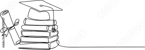 Minimalist Continuous Line Drawing of Graduation Books, Cap, and Diploma