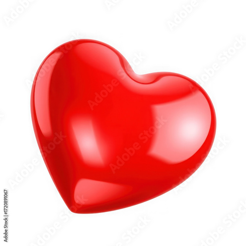 A single shiny red heart floating in a black background with light reflections and smooth surface texture
