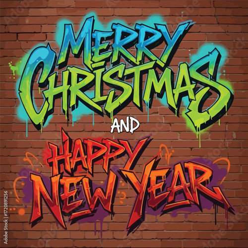 Merry christmas and happy new year graffiti on a red brick wall