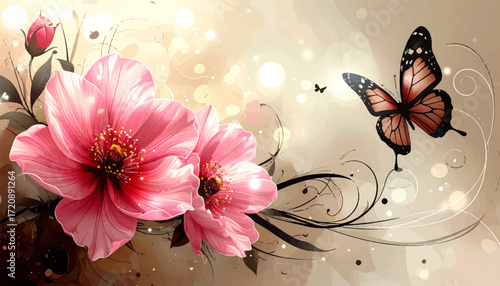 Soft pink flowers with fluttering butterflies2. Elegant butterflies in a pink floral scene. Delicate pink blossoms with butterflies in flight. Pink floral backdrop with graceful butterflies