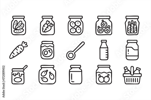 Preserved fruit, honey, and vegetable vector illustrations for food packaging