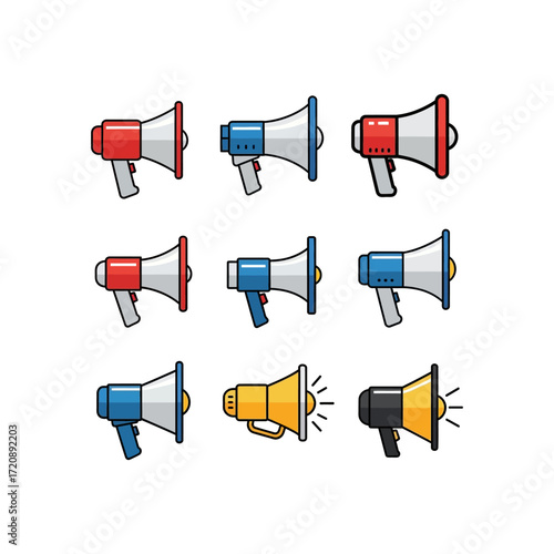 Collection of colorful cartoon megaphones in various orientations and color schemes.