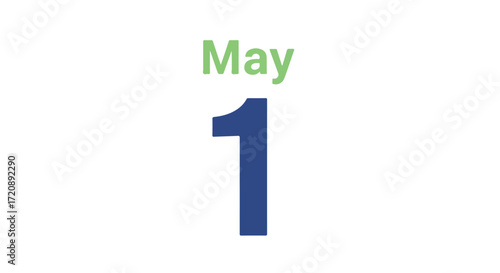 Vibrant announcement of May first, depicted with a green month name and a prominent blue numerical day representation