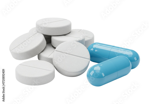 Isolated pills and capsules of medication for treatment, medical drug for disease therapy