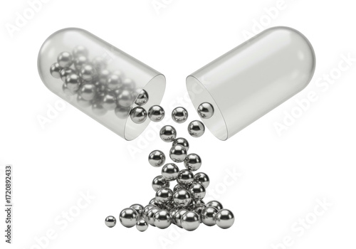 Isolated Supplement capsule, medicine or vitamin with metal beads for health care concept