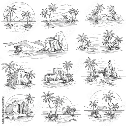 Dreamy tropical island sketches evoke wanderlust and escape, perfect for travel blogs, vacation promotions, and serene coastal designs, originally vector based