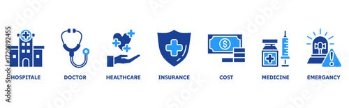 Medicare icon set illustration illustration concept with icon of hospital, doctor, healthcare, insurance, cost, medicine, emergency 