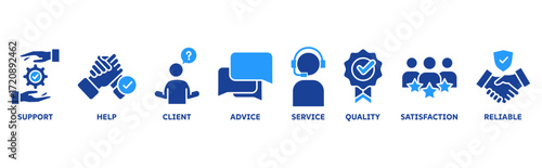 Customer Care icon set illustration illustration concept with icon of support, help, client, advice, service, quality, satisfaction, reliable 