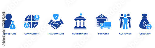 Stakeholder icon set illustration illustration concept with icon of investors, community, trade unions, government, supplier, customer, creditor 