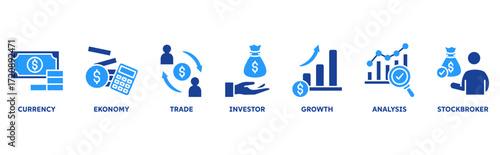 Forex icon set illustration illustration concept with icon of currency, economy, trade, investor, growth, analysis, stockbroker 