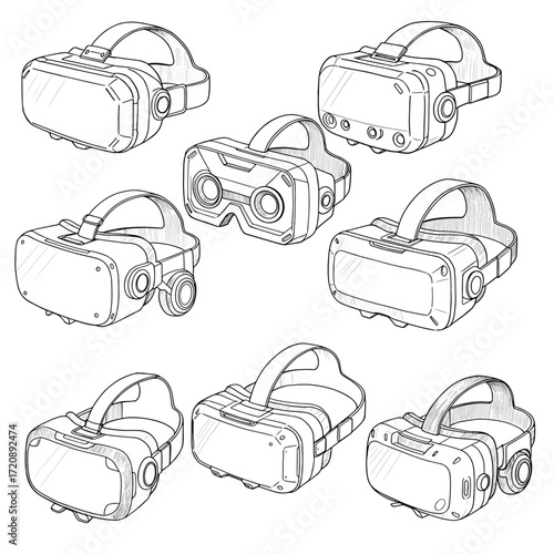 Explore cutting-edge VR headsets with this dynamic visual collection, perfect for tech blogs, gaming sites, and future-forward designs, original vector.
