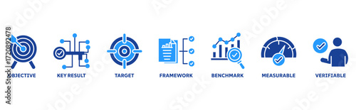 OKR icon set illustration illustration concept with icon of objective, key result, target, framework, benchmark, measurable, verifiable 