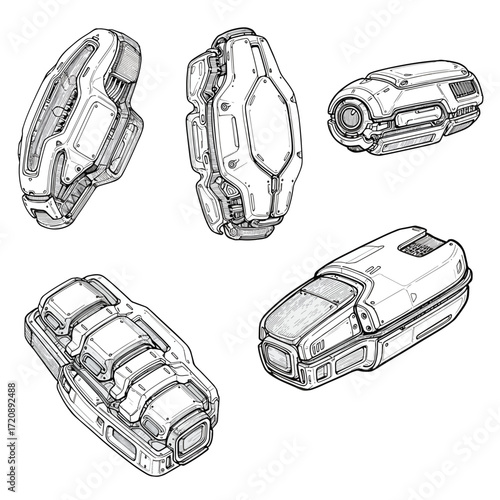 Detailed Sci-Fi Concept Art Collection: Futuristic Vehicle Designs for Games and Animation – Explore Intricate Spaceship and Drone Sketches (Originally Vector)