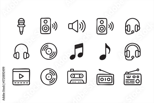 Music and audio outline icons for entertainment and media design projects
