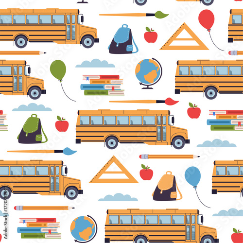 Yellow bus seamless pattern. Back to school elements, student transport, kids education, learning and knowledge. Textile, wrapping paper, wallpaper. Print for fabric nowaday vector background