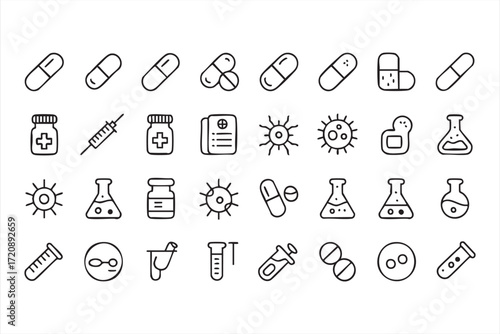 Healthcare and medicine line symbols for pharmacy and diagnostic graphics