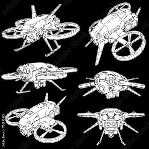 Futuristic drone sketches collection showcases cutting-edge unmanned aerial vehicle designs for engineering, technology, and innovative project visualizations