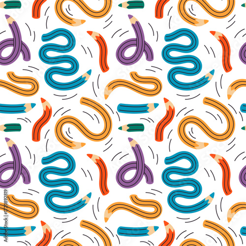 Twisted pencils seamless pattern. Colorful writing and drawing supplies, back to school, artist, student supplies. Textile, wrapping paper, wallpaper. Print for fabric garish vector background