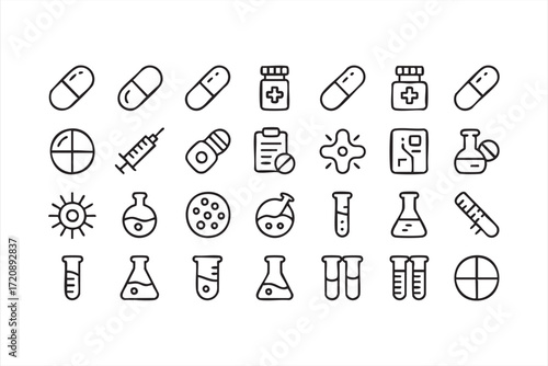 Medical and pharmaceutical outline icons for healthcare and laboratory projects