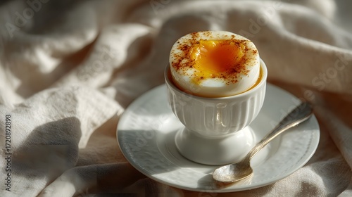 A perfectly soft boiled egg in a white ceramic egg cup sprinkled with spice sits on a saucer with a spoon bathed in warm morning light