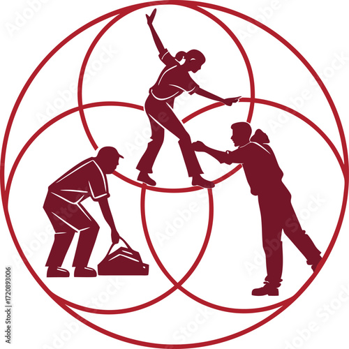 Teamwork three people circle outline icon.