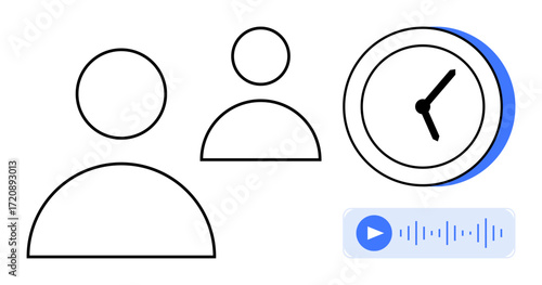 Minimalist user avatars, clock showing time, and an audio file with play button and waveform. Ideal for time organization, collaboration, productivity, scheduling, audio playback, task priorities