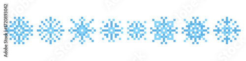 Pixel snowflakes. Christmas winter elements, 8 bit game assets, simple crystals, decorative cold season objects, cold weather symbols, Xmas holidays icons, qualitative vector isolated flat set