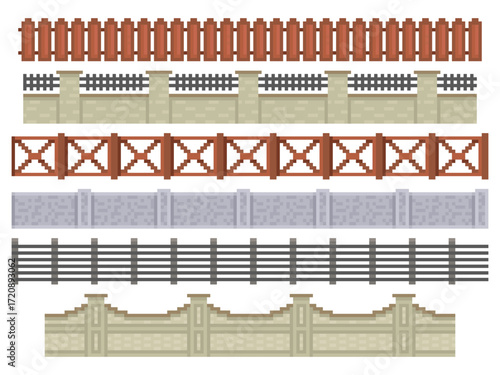 Pixel fences borders. Seamless wooden and brick fences, 8 bit retro game assets, locations elements, isolated farm barriers, village architecture graphic, qualitative vector set