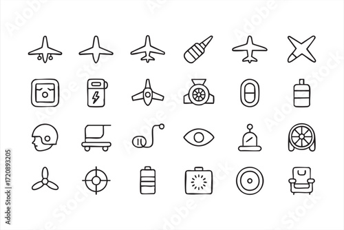 Airline travel and aviation safety outline symbols for pilot training graphics