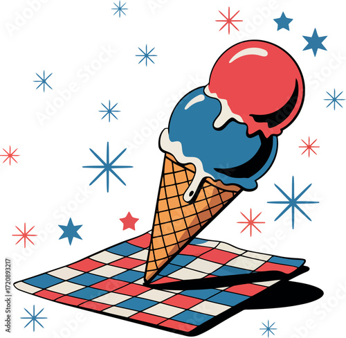 Red and blue ice cream cones on checkered blanket with starbursts red ice cream waffle cone