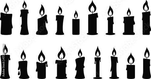 Black candle silhouettes with flames, melting wax details, various shapes and sizes, vintage style, cozy ambiance, decorative burning candle icons collection
