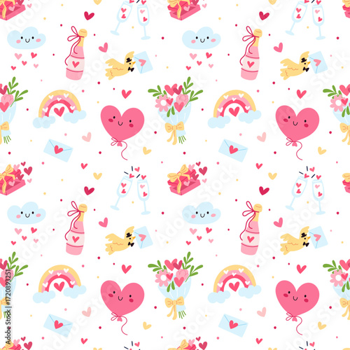 Love symbols seamless pattern. Repeated romantic elements, valentine day and wedding objects, flowers and hearts. Textile, wrapping paper, wallpaper. Print for fabric garish vector background
