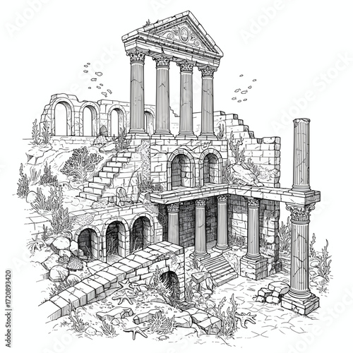 Detailed line drawing of ancient Roman ruins evokes history and architectural grandeur, perfect for educational or artistic projects, originally a scalable vector graphic