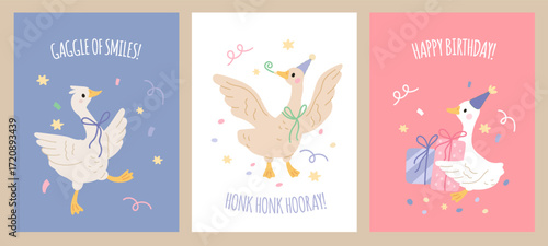 Funny geese cards. Cute farm birds characters, cartoon domestic goose, birthday party mascots, fun, streamers, confetti, childish posters, nursery decoration, garish vector isolated set