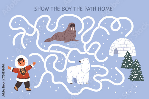 Eskimos character maze. Educational kids game, finding right way, help man get path to igloo, north animals, inuit people, cartoon flat style isolated labyrinth page garish vector concept